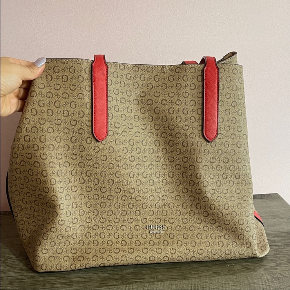 Guess Beige and Red Signature Tote